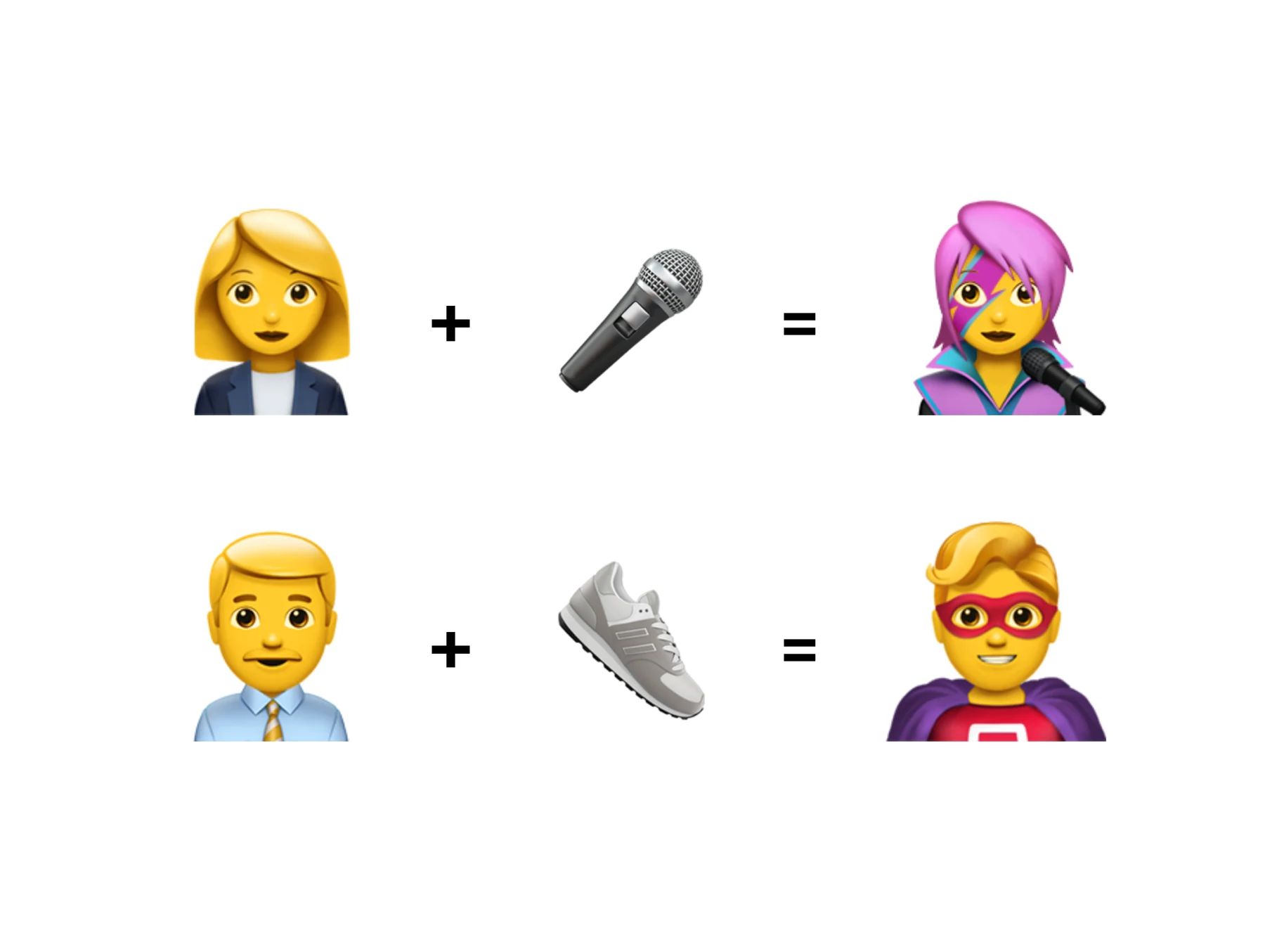 Illustration for 2.1 Value Proposition: a woman plus a microphone becomes a singer, and a man plus a running shoe becomes a superhero